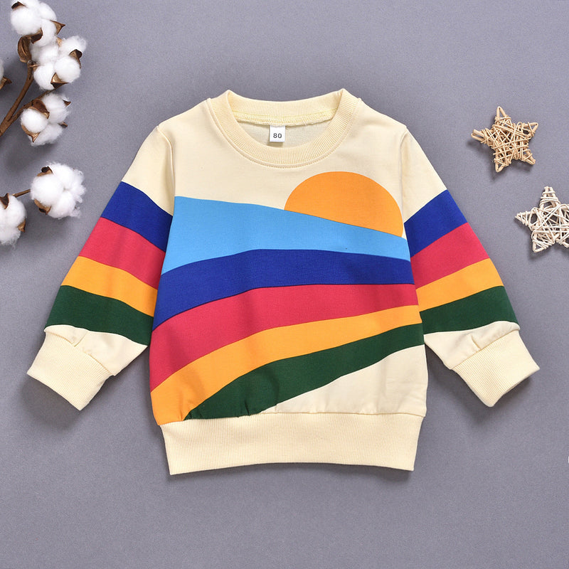 Western Style Rainbow Print Long Sleeved Round Neck Children&