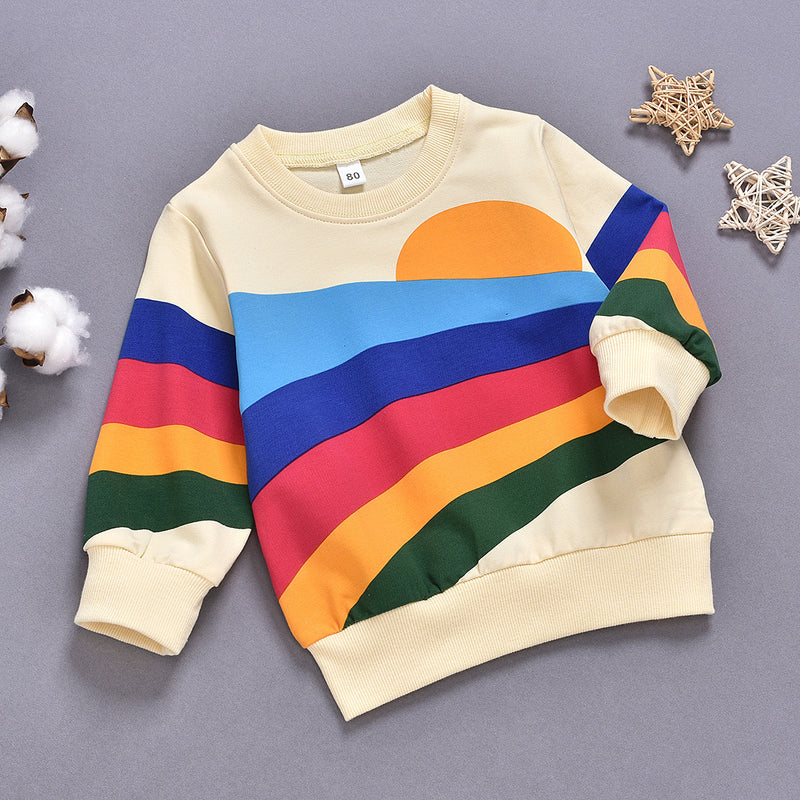 Western Style Rainbow Print Long Sleeved Round Neck Children&