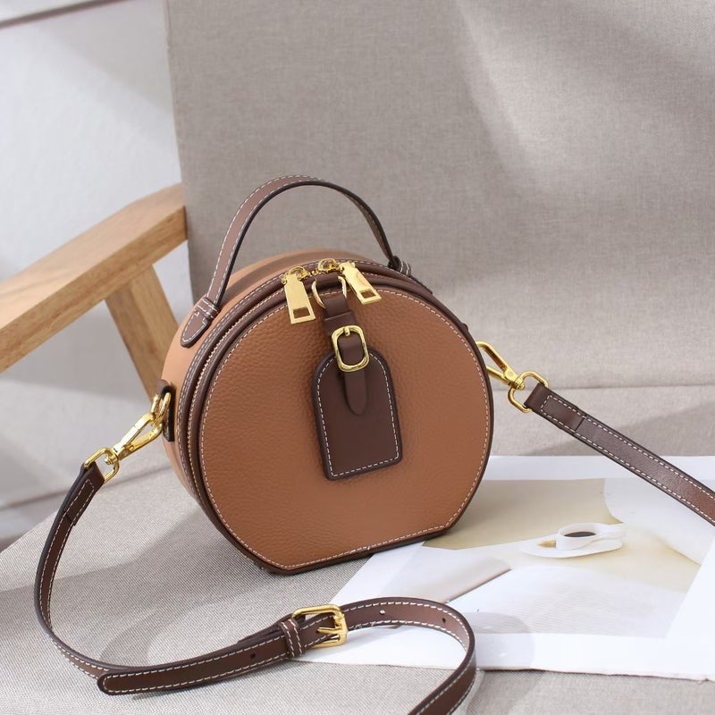 Genuine Leather Mini Small Round Bag Women&