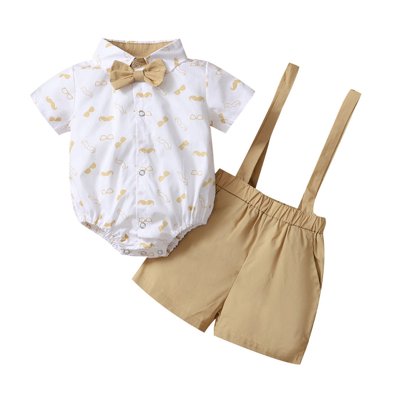 Printed Top Solid Color Suspender Suit