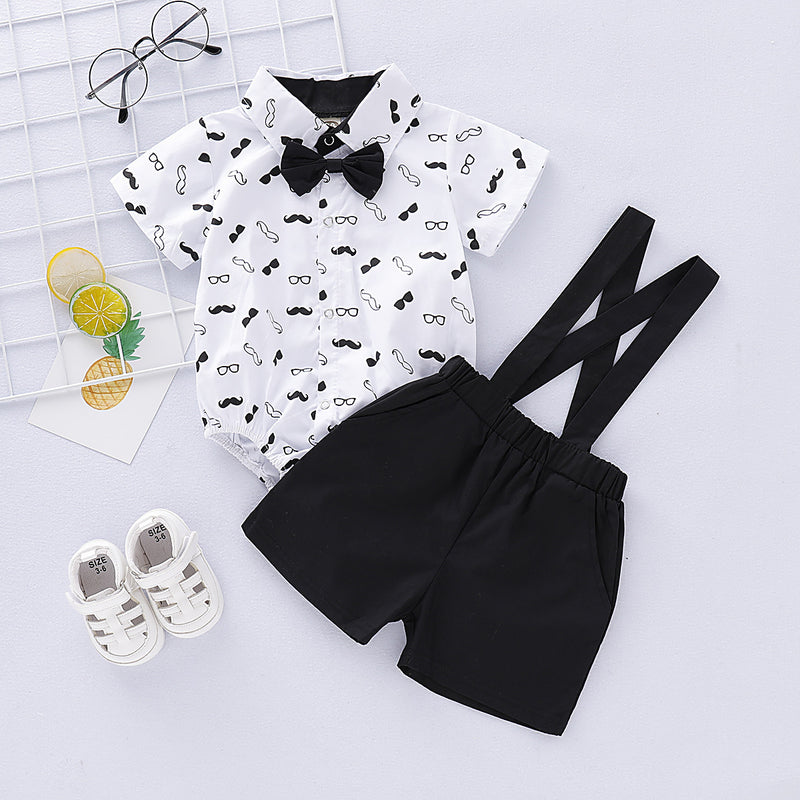 Printed Top Solid Color Suspender Suit