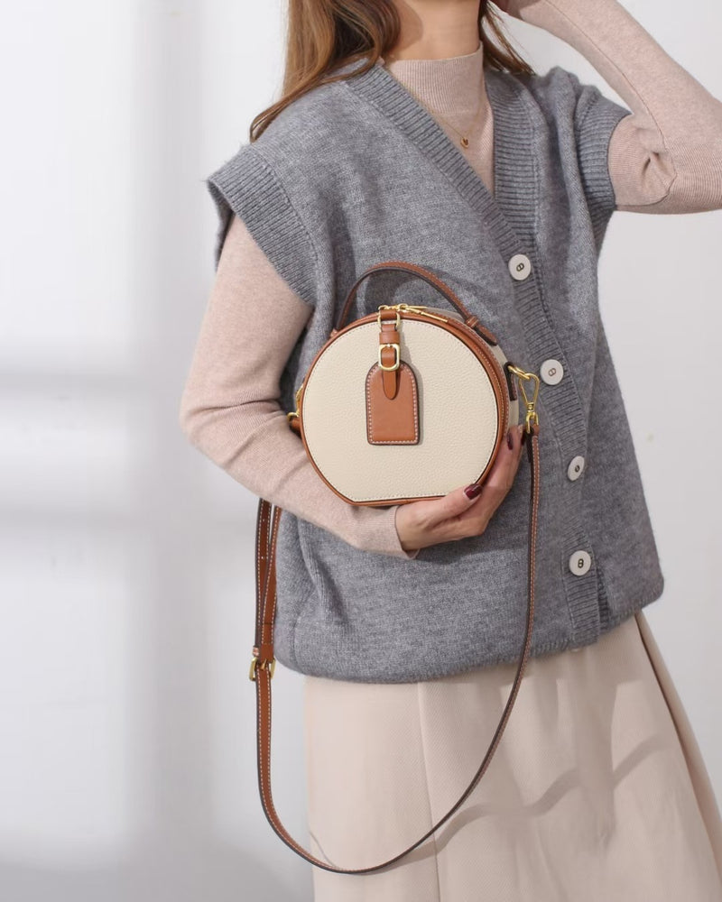 Genuine Leather Mini Small Round Bag Women&