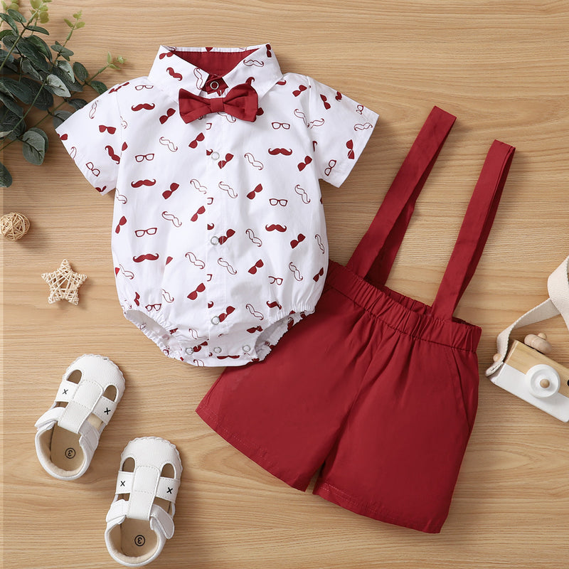 Printed Top Solid Color Suspender Suit