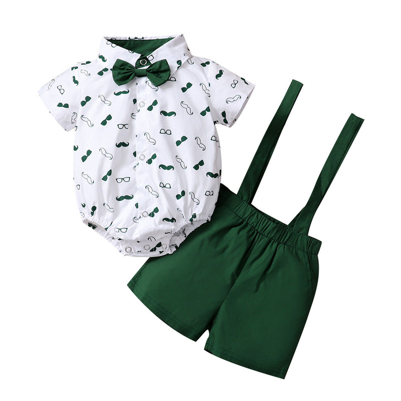 Printed Top Solid Color Suspender Suit